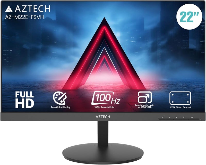 Aztech 22 Inch Full HD LED Monitor 100Hz VA Panel 1920x1080 HDMI VGA Built-in Speakers 178° Wide Viewing VESA Wall Mount 24/7 Operation Low Power Display - Image 1