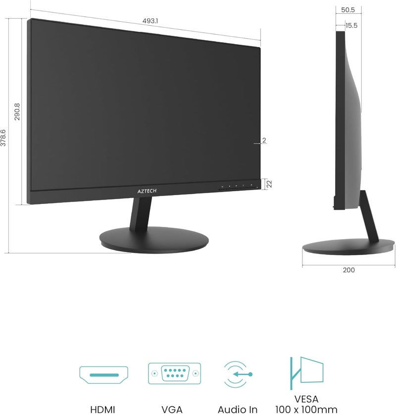Aztech 22 Inch Full HD LED Monitor 100Hz VA Panel 1920x1080 HDMI VGA Built-in Speakers 178° Wide Viewing VESA Wall Mount 24/7 Operation Low Power Display - Image 4