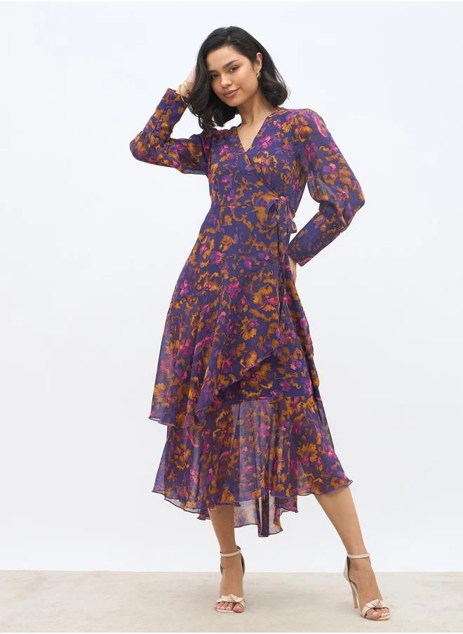 Styli Styli All-Over Print Asymmetric Hem Wrap Midi Dress