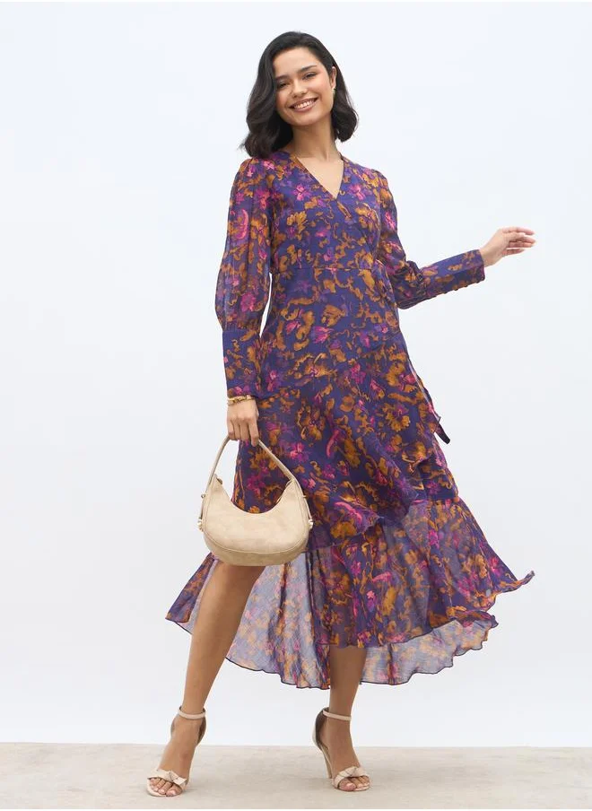 Styli Styli All-Over Print Asymmetric Hem Wrap Midi Dress