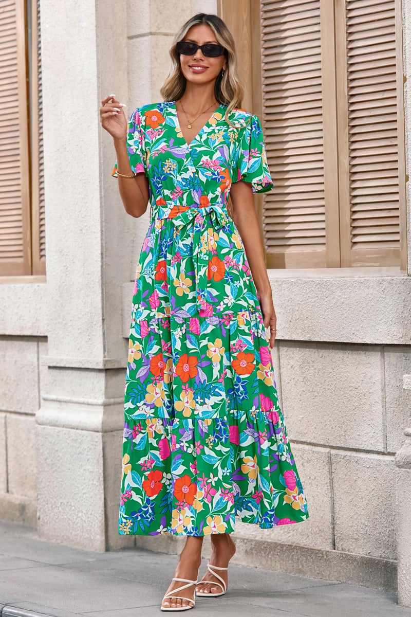 MASCOMODA Womens Summer Boho Maxi Dress Floral Wrap V Neck Flutter Short Sleeve Tie Waist A Line Tiered Flowy Long Dresses(Green Orange Flower,X-Large) - Image 3