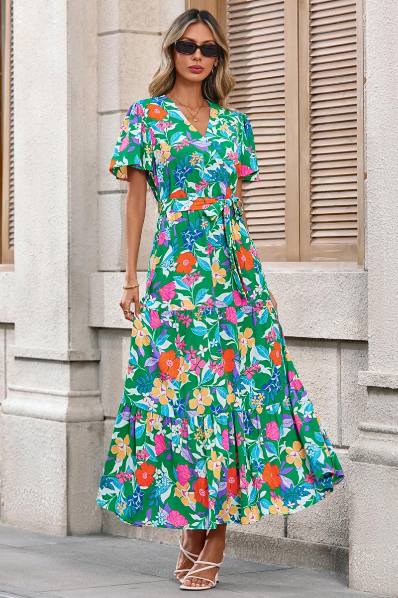 MASCOMODA Womens Summer Boho Maxi Dress Floral Wrap V Neck Flutter Short Sleeve Tie Waist A Line Tiered Flowy Long Dresses(Green Orange Flower,X-Large) - Image 4