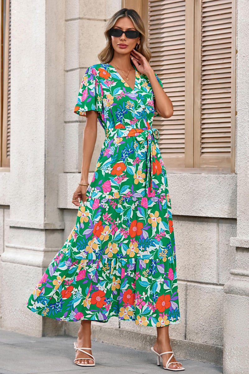 MASCOMODA Womens Summer Boho Maxi Dress Floral Wrap V Neck Flutter Short Sleeve Tie Waist A Line Tiered Flowy Long Dresses(Green Orange Flower,X-Large) - Image 2