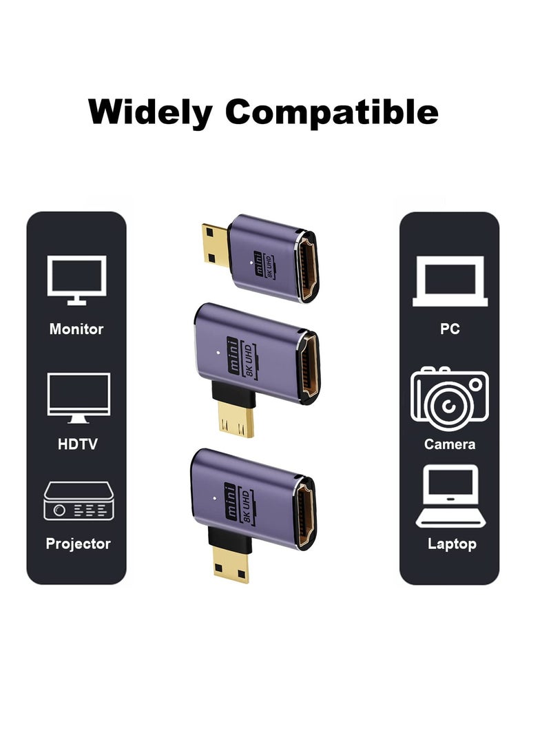 Excefore Mini HDMI to HDMI Adapter 8K, 3 Pcs 90 Degree Left and Right Angle Mini HDMI Male to HDMI Female Adapter, 48Gbps Mini HDMI Adapter, for Camera, HDTV, Projector, Laptop and Tablet  - Image 3