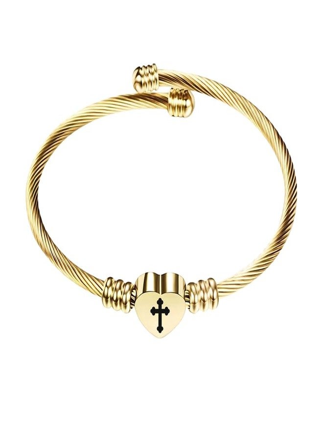 The Men Gift Bracelets for Women, Heart Bracelet Stainless Steel Engraved Charm Bracelet, Birthday Festival Gift Elegant Jewelry Gifts Accessory (Cross) Gold ShivKarBLr202599 - Image 1