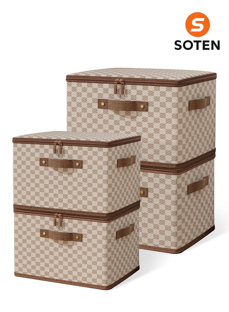 SOTEN 4 قطع صناديق تخزين لتنظيم الملابس مع أغطية، صناديق تخزين قابلة للطي مع مقابض، صناديق تخزين قابلة للغسل من القماش مع سحابات، منظم خزانة ملابس كبير السعة للملابس والألعاب والإكسسوارات، منظمات خزانة قابلة لإعادة الاستخدام وسلة تخزين موفرة للمساحة - Image 1