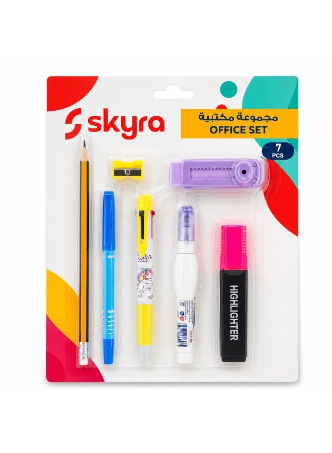 Office Stationery Set with Pencil, Multicolor Ball Pen, Ballpoint Pen, Correction Pen, Highlighter, Sharpener and Eraser, 7 Pieces - Image 1