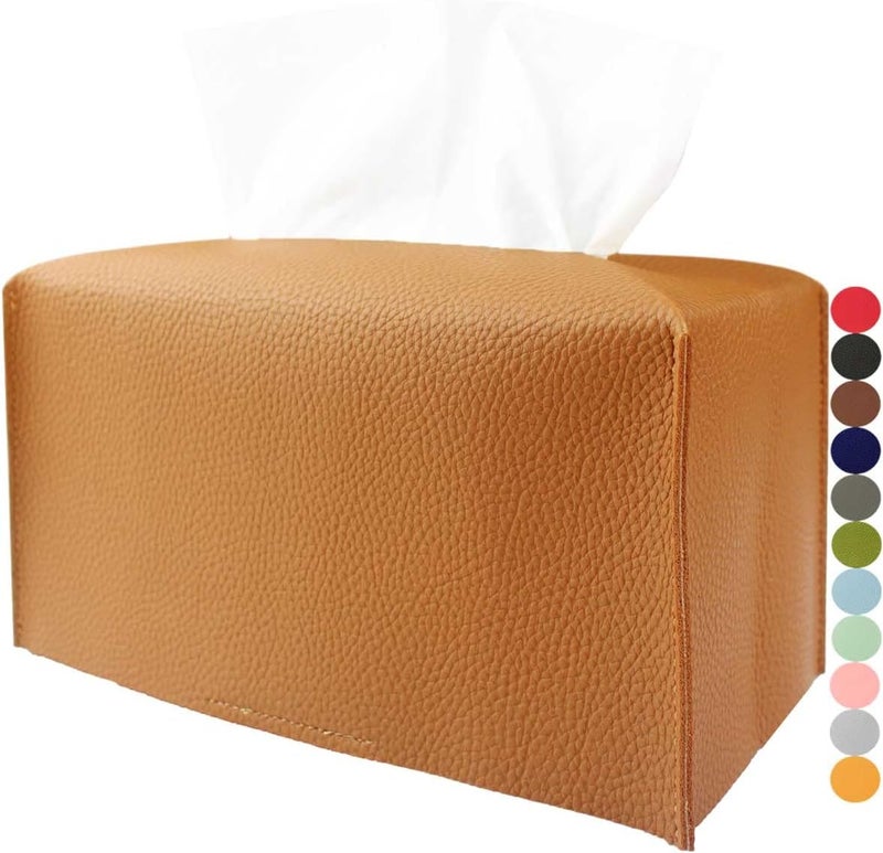 JESMINI Tissue Box Cover Large Rectangular – Plus Size Leather Tissue Box Holder with Bottom Belt [, Camel Brown] Long Rectangle Tissue Holder for Bathroom/Car/Office Decor - Image 1