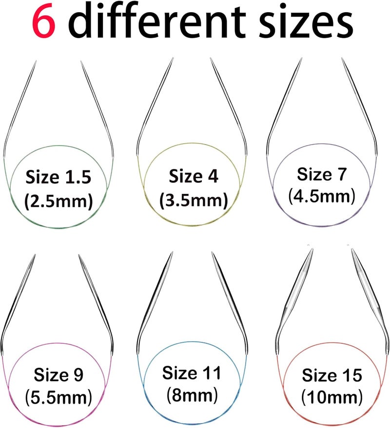 brievo Circular Knitting Needles Set Round Metal Circle Blankets 32 Inch Size 15 11 9 7 4 1.5 - Image 2