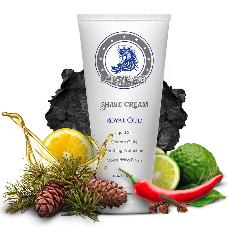 Bossman Liquid Silk Shave Cream for Men  Sensitive Skin Formula Smooth Glide  Soothing Protection  Moisturizing Finish Royal Oud Scent