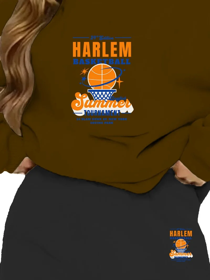 DogFish Tracksuit Oversize Harlem Basketball Tournament College Printed Tracksuit Set,lover,couple Combination Brown