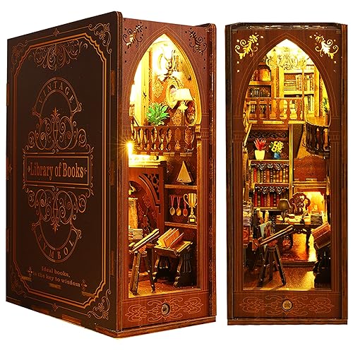 ISSEVE DIY Book Nook Kit 3D Wooden Puzzle DIY Miniature House Kit for Booknook Shelf Insert Decoration Magic Book House Stand Bookshelf Dollhouse for Adults with Sensor Light Library of Books - Image 1
