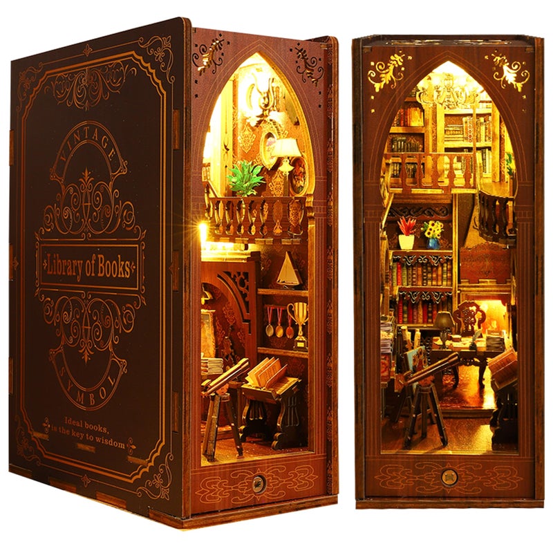ISSEVE DIY Book Nook Kit 3D Wooden Puzzle DIY Miniature House Kit for Booknook Shelf Insert Decoration Magic Book House Stand Bookshelf Dollhouse for Adults with Sensor Light Library of Books - Image 3