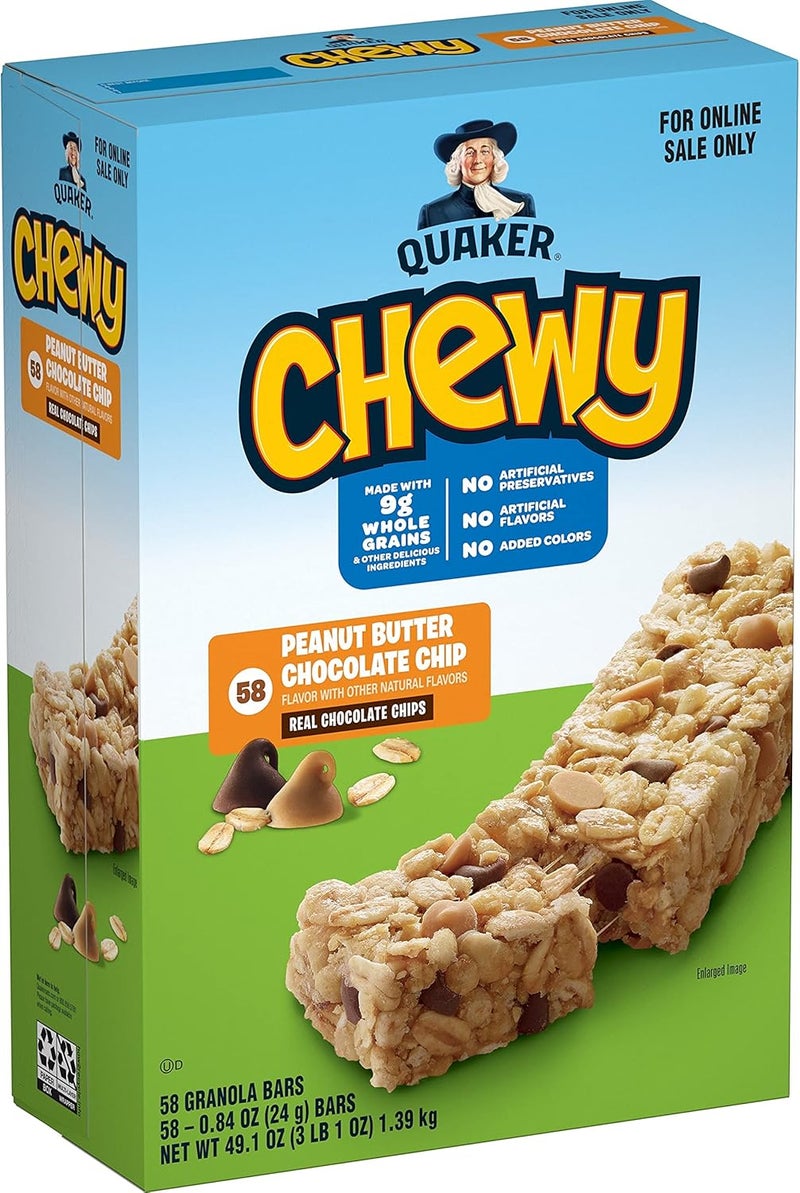 Quaker ألواح جرانولا كويكر القابلة للمضغ، زبدة الفول السوداني ورقائق الشوكولاتة، 58 قطعة - Image 1