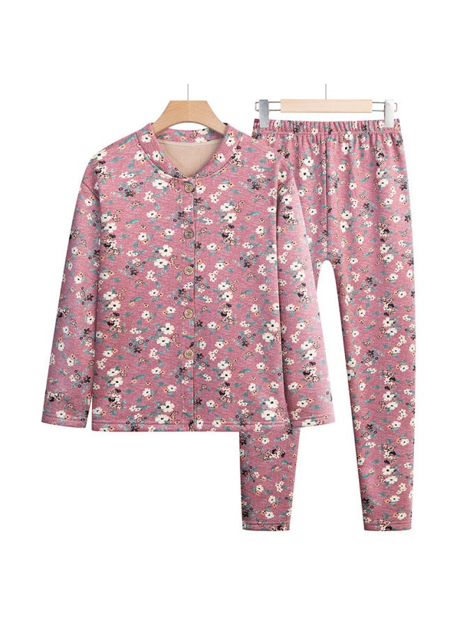 Middle-aged And Elderly Fleece-lined Padded Thermal Underwear Suit Grandma Cardigan Top Mother Winter Base Two-piece Set