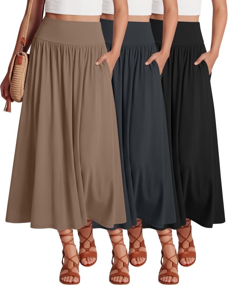Ficerd 3 Pack Maxi Long Skirts for Women, Ankle Length High Waisted Pleated Flowy a Line Summer Casual Skirts with Pockets(Black, Dark Gray, Brown,X-Large) - Image 1