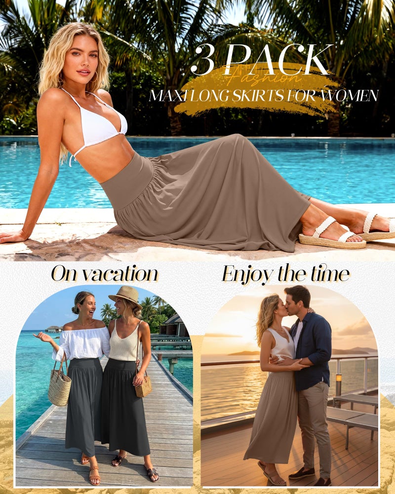 Ficerd 3 Pack Maxi Long Skirts for Women, Ankle Length High Waisted Pleated Flowy a Line Summer Casual Skirts with Pockets(Black, Dark Gray, Brown,X-Large) - Image 3