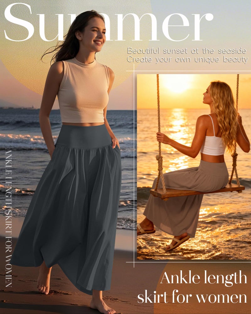 Ficerd 3 Pack Maxi Long Skirts for Women, Ankle Length High Waisted Pleated Flowy a Line Summer Casual Skirts with Pockets(Black, Dark Gray, Brown,X-Large) - Image 4