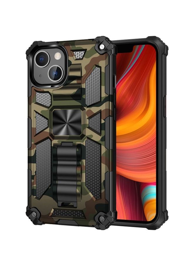 Generic Case Cover For iPhone 13 Camouflage Armor Kickstand TPU + PC Magnetic Phone Case Army Green 