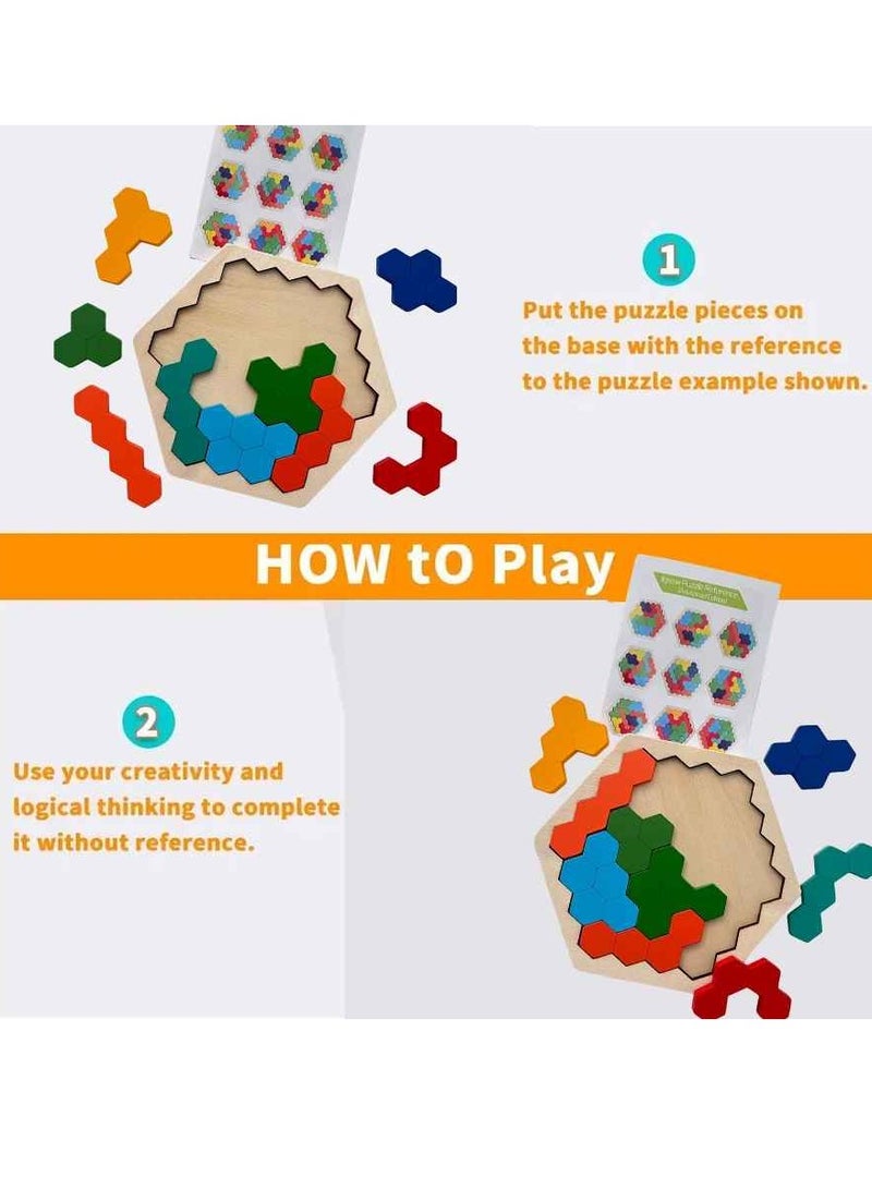 لعبة بانوراما تانغرام خشبية، لعبة تحدي العقل، لعبة منطقية هندسية آمنة ومتينة، لعبة تعليمية تعليمية للأطفال خفيفة الوزن وقابلة للحمل (قطعة واحدة، تصميم على شكل قرص العسل) - Image 4