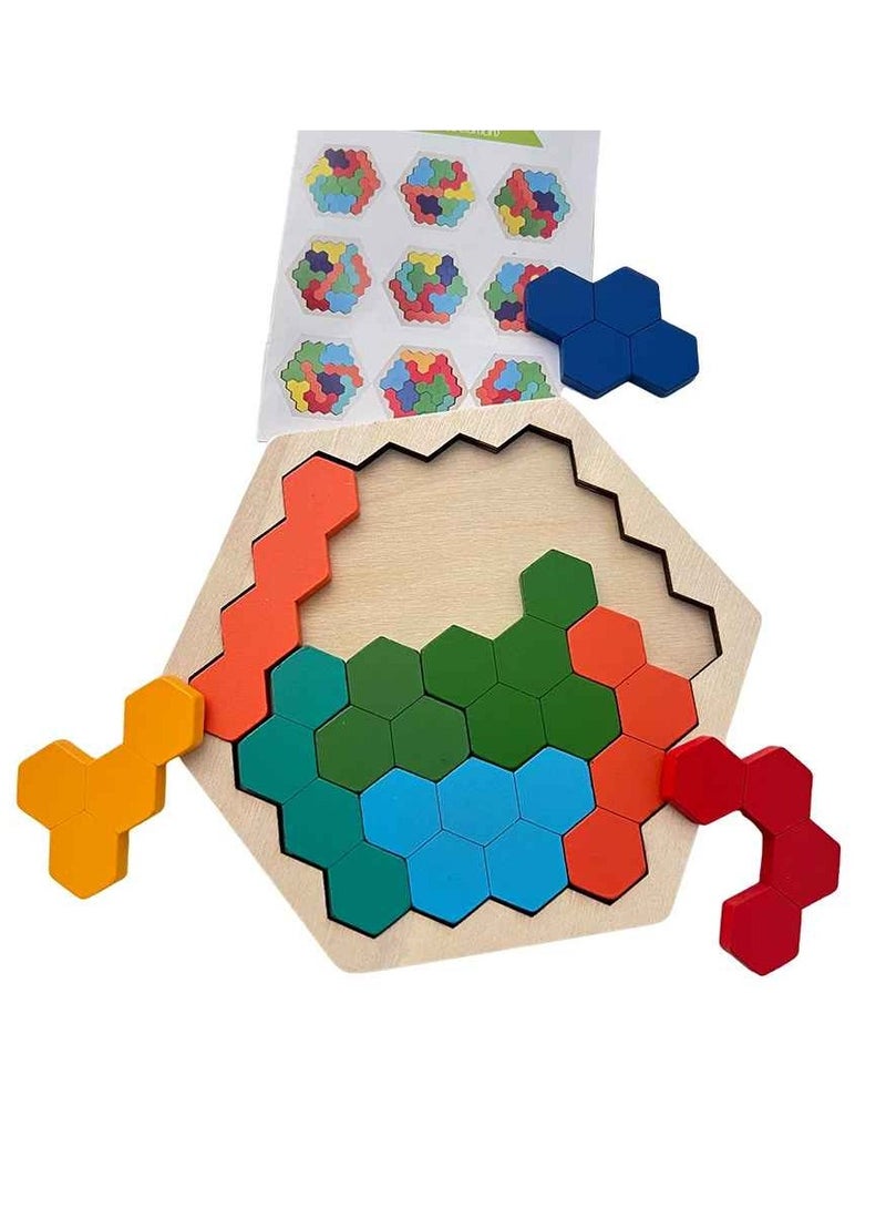لعبة بانوراما تانغرام خشبية، لعبة تحدي العقل، لعبة منطقية هندسية آمنة ومتينة، لعبة تعليمية تعليمية للأطفال خفيفة الوزن وقابلة للحمل (قطعة واحدة، تصميم على شكل قرص العسل) - Image 3