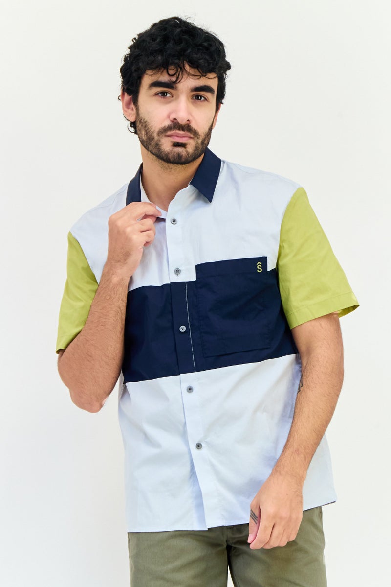 SELECTED Men Drop Shoulder Regular Fit Colorblock Short Sleeve Casual Shirt, Multicolor - Image 1