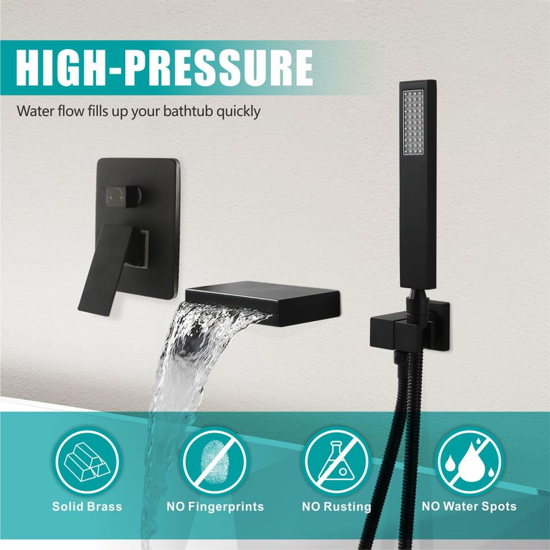 SKOWLL Matte Black Bathtub Faucet Single Handle Wall Mounted Waterfall Faucet with Handheld Shower, Modern High Flow Tub Filler - Image 3