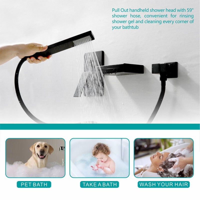 SKOWLL Matte Black Bathtub Faucet Single Handle Wall Mounted Waterfall Faucet with Handheld Shower, Modern High Flow Tub Filler - Image 4