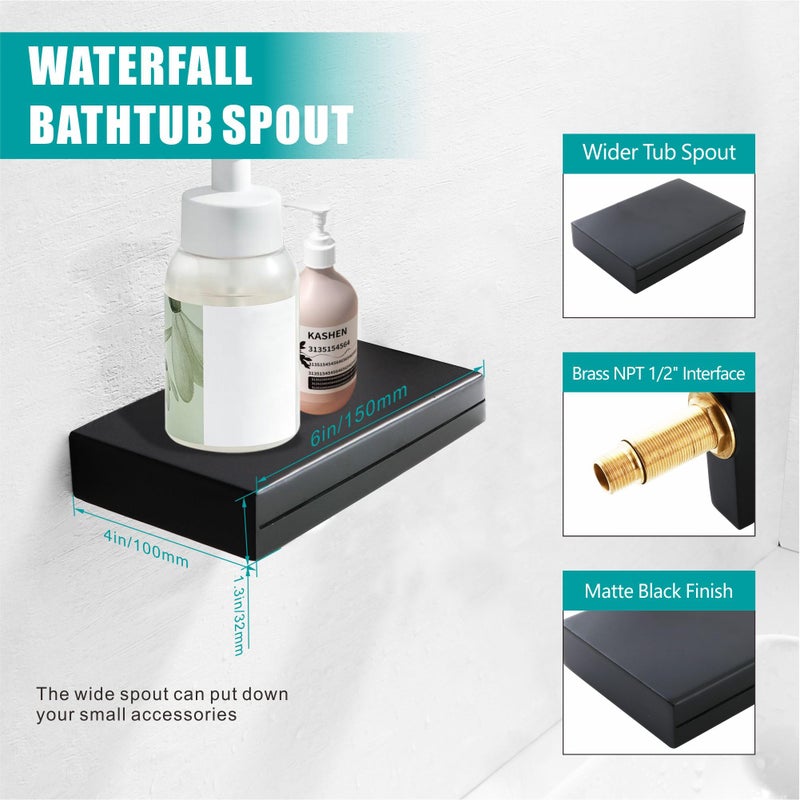 SKOWLL Matte Black Bathtub Faucet Single Handle Wall Mounted Waterfall Faucet with Handheld Shower, Modern High Flow Tub Filler - Image 5
