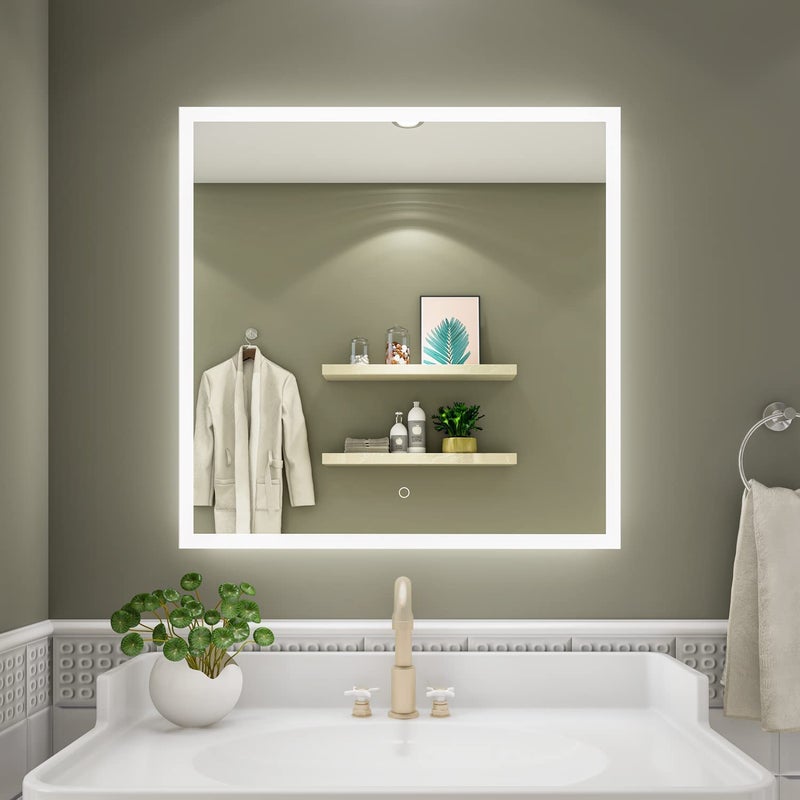 PRINCE ART LED Mirror Glass Bathroom Wall Full Size Length Home Decor Light Mirror for Bedroom Living Room Dressing Room Hall Wash Basin Makeup Room Size 24x24 Inch AZ16 - Image 1