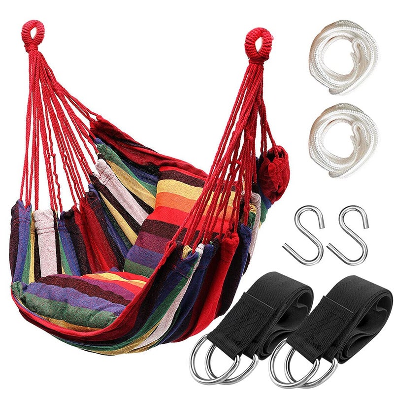 Hatisan Hammock Chair Hanging Rope Swing Seat for Indoor Outdoor Sturdy Cotton Weave Hammock Swing Max 300Lbs Hanging Hammock Chair Pole and Pillows NOT Included Rainbow
