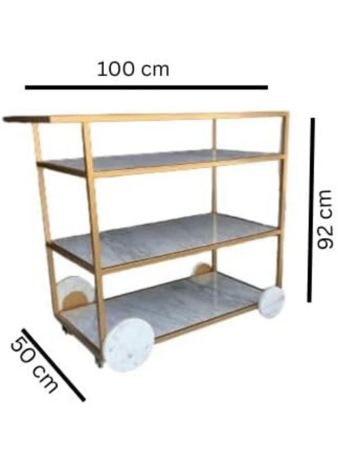 Horoof Market Marble Bar Cart with Gold Frame – 3-Tier Serving Trolley with Elegant White Marble Shelves & Wheels – Modern Beverage Cart for Home, Kitchen, and Dining Room  - Image 2