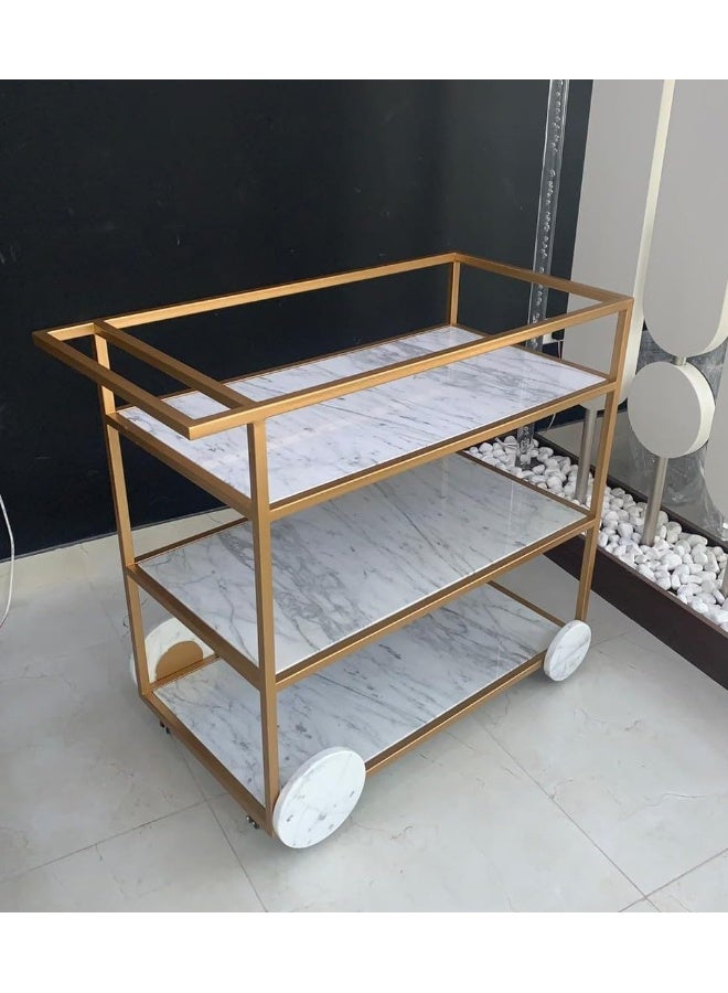 Horoof Market Marble Bar Cart with Gold Frame – 3-Tier Serving Trolley with Elegant White Marble Shelves & Wheels – Modern Beverage Cart for Home, Kitchen, and Dining Room  - Image 1