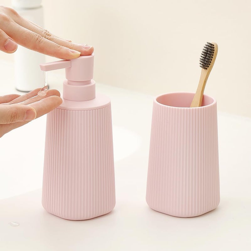 YAUKPH Bathroom Accessories 2 Piece Soap Dispenser and Toothbrush Holder Set Striped Light Pink - Image 2
