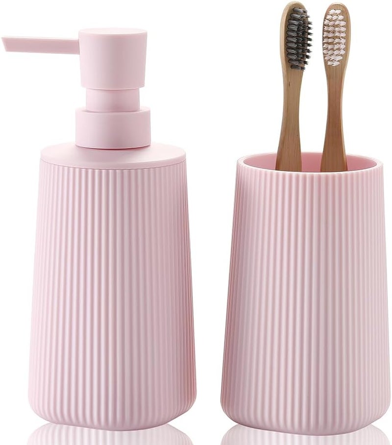 YAUKPH Bathroom Accessories 2 Piece Soap Dispenser and Toothbrush Holder Set Striped Light Pink - Image 1
