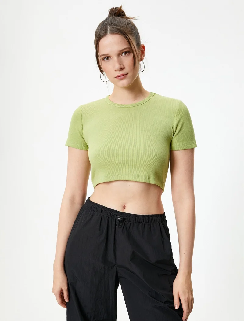 KOTON Basic Crop T-Shirt Ribbed Short Sleeve Crew Neck Slim Fit