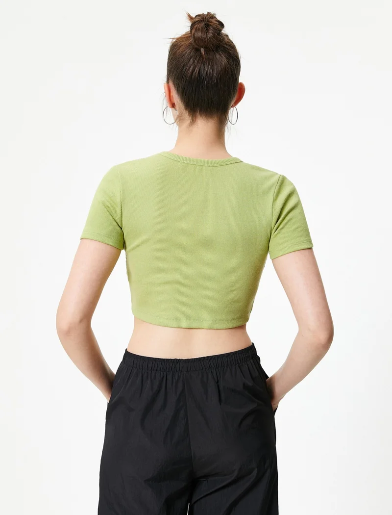 KOTON Basic Crop T-Shirt Ribbed Short Sleeve Crew Neck Slim Fit