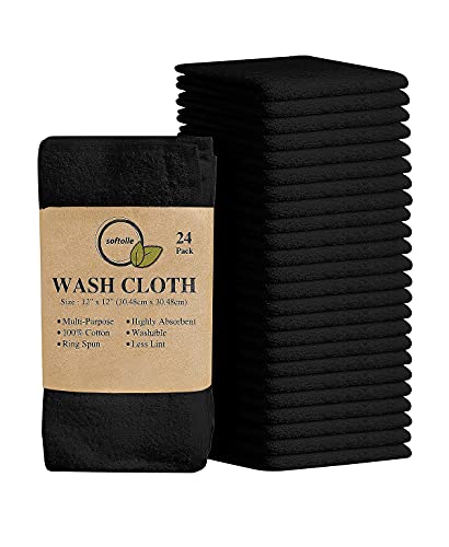 Softolle 100% Cotton Washcloths 24 Pack (12x12 Inches) Soft, Highly Absorbent Washcloth, Face Towels, Wash Cloths for Face, Ring Spun, Bulk Pack (Black) - Image 1