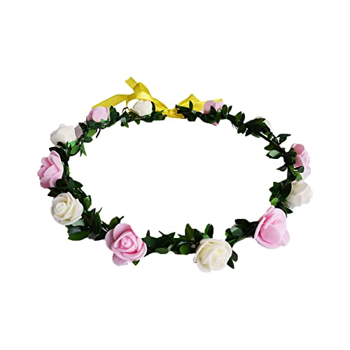 SYGA 12 Artificial Foam Fabric Flower Crown Tiara Headband Head Garland Floral Hair Festival for Princess, Girls - White & Pink - Image 1