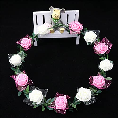 SYGA 12 Artificial Foam Fabric Flower Crown Tiara Headband Head Garland Floral Hair Festival for Princess, Girls - White & Pink - Image 2