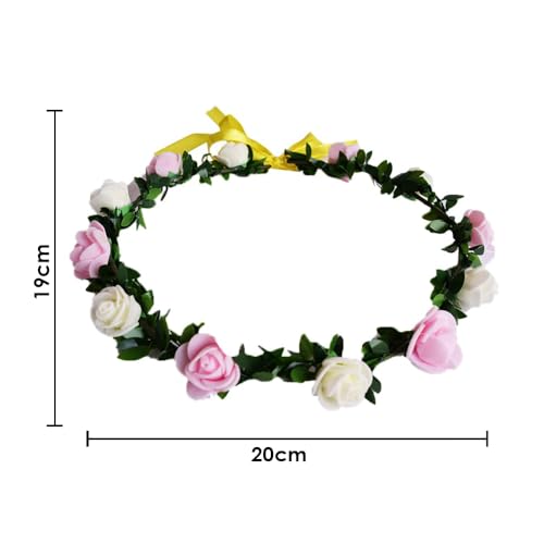 SYGA 12 Artificial Foam Fabric Flower Crown Tiara Headband Head Garland Floral Hair Festival for Princess, Girls - White & Pink - Image 4