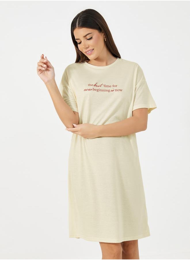 Styli Slogan Print Dropped Shoulder Sleep T-Shirt  - Image 1