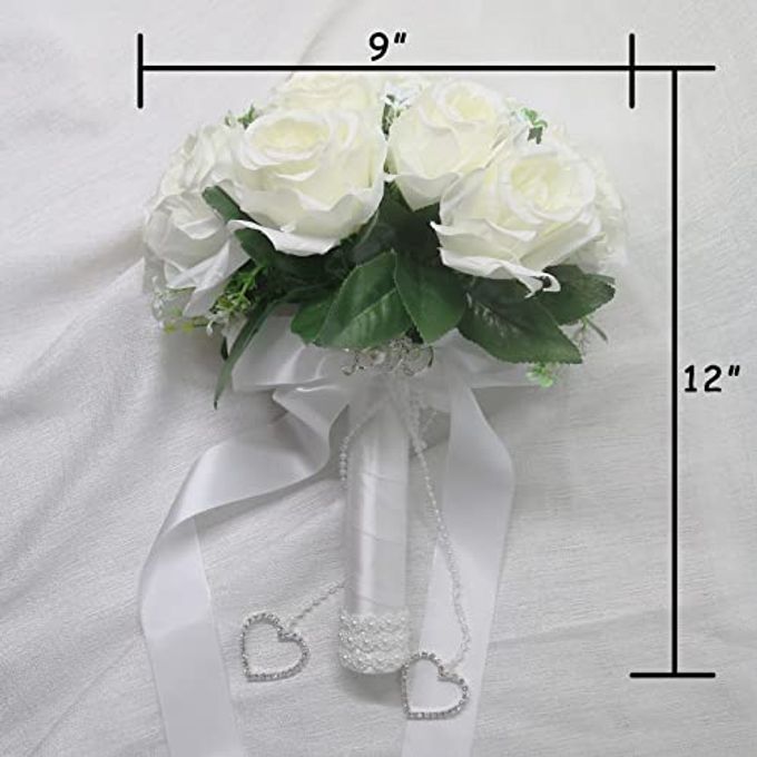 LEIFENY Wedding Bouquets for Bride, White Bridal Bridesmaid Wedding Flowers with Silk Ribbon and Rhinestones, Artificial Toss Rose for Civil Ceremony - Image 2