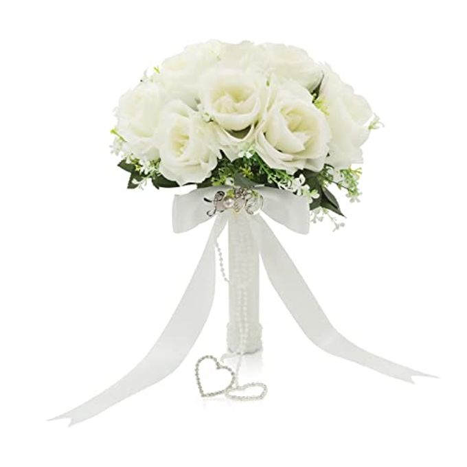 LEIFENY Wedding Bouquets for Bride, White Bridal Bridesmaid Wedding Flowers with Silk Ribbon and Rhinestones, Artificial Toss Rose for Civil Ceremony - Image 4