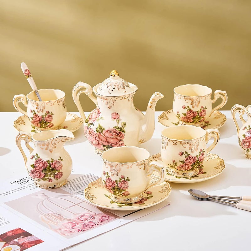 CHILDIKE European Porcelain Tea Cups and Saucers Set Vintage Floral Tea Cups Set Ivory Gold Trim Floral Coffee Cups Set 8 Ounce Gift for Women Red Rose Set of 4 - Image 2