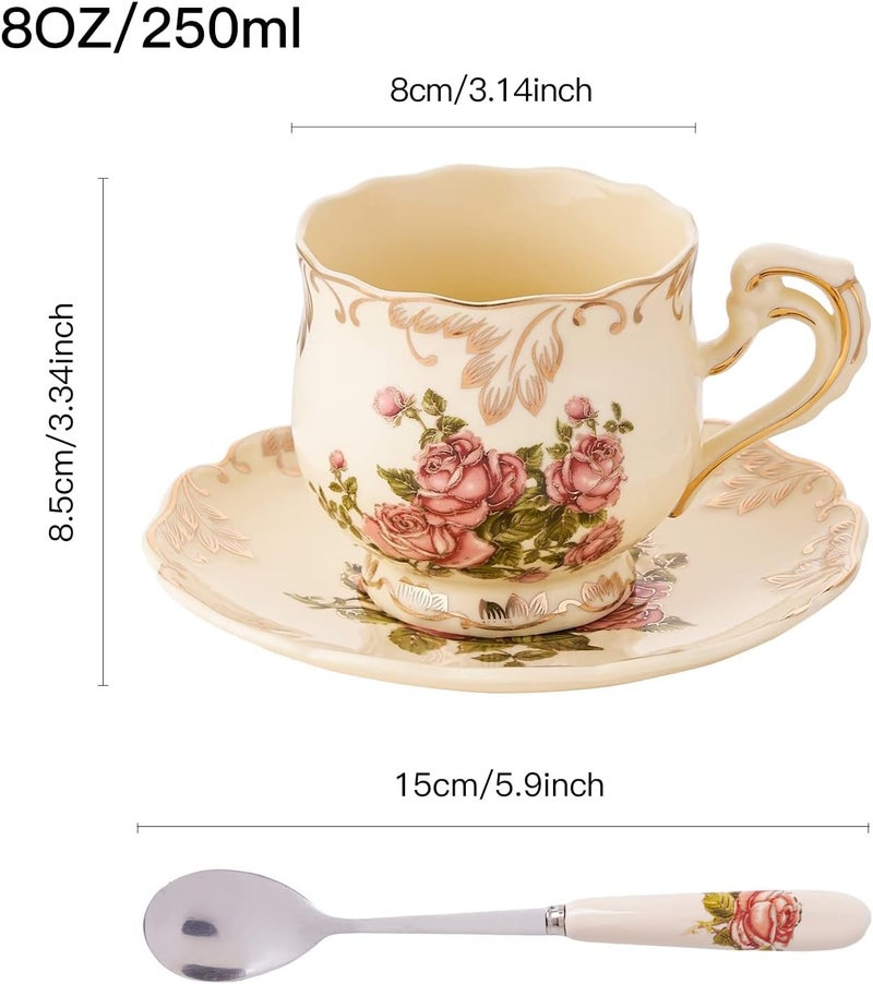 CHILDIKE European Porcelain Tea Cups and Saucers Set Vintage Floral Tea Cups Set Ivory Gold Trim Floral Coffee Cups Set 8 Ounce Gift for Women Red Rose Set of 4 - Image 3