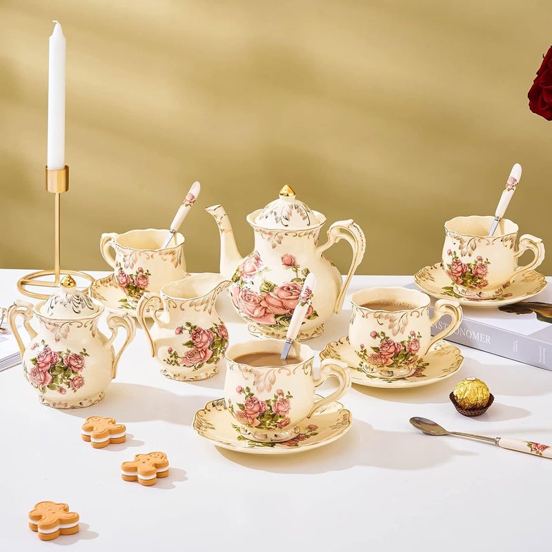 CHILDIKE European Porcelain Tea Cups and Saucers Set Vintage Floral Tea Cups Set Ivory Gold Trim Floral Coffee Cups Set 8 Ounce Gift for Women Red Rose Set of 4 - Image 4