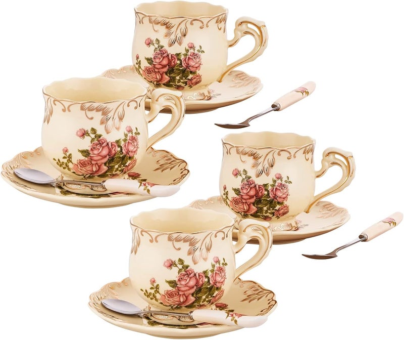 CHILDIKE European Porcelain Tea Cups and Saucers Set Vintage Floral Tea Cups Set Ivory Gold Trim Floral Coffee Cups Set 8 Ounce Gift for Women Red Rose Set of 4 - Image 1