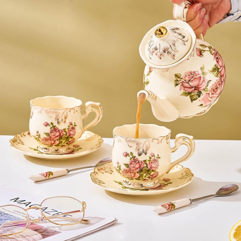 CHILDIKE European Porcelain Tea Cups and Saucers Set Vintage Floral Tea Cups Set Ivory Gold Trim Floral Coffee Cups Set 8 Ounce Gift for Women Red Rose Set of 4 - Image 5