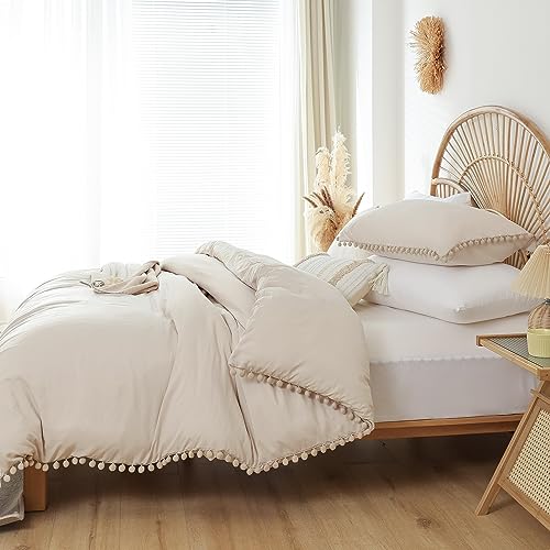 YIRDDEO Queen Comforter Set - Comforter Queen Size Sets with Ball Pom Fringe, Soft Bedding Set for All Seasons - 3 Pieces, 1 Comforter (90"x90") & 2 Pillow Shams (20"x26"), Beige - Image 3